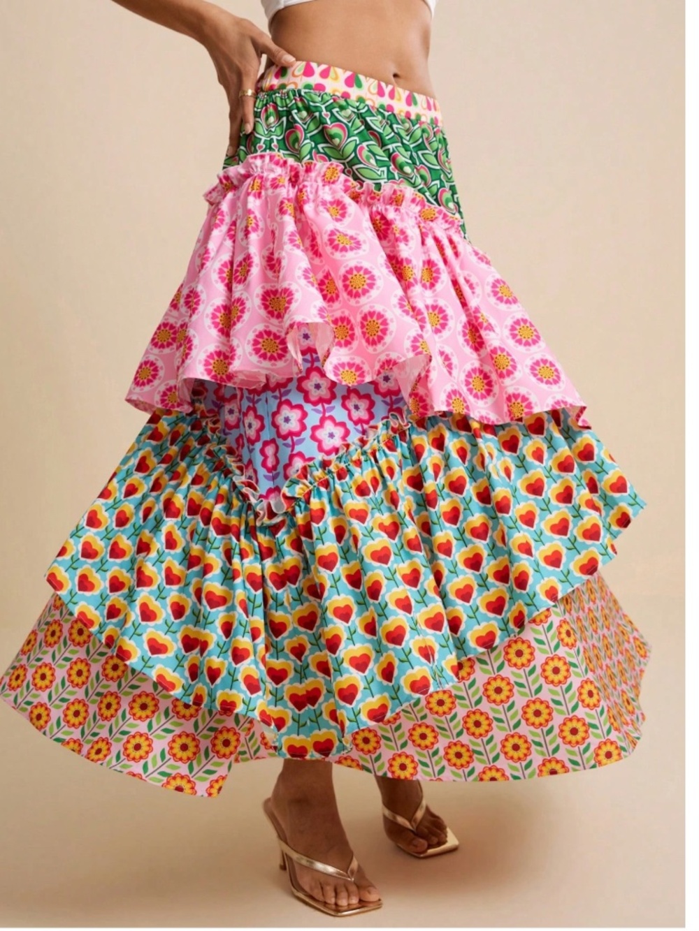 Boho Floral Print Stretchy Waist Layered ruffle Maxi Skirt - Picture 4 of 5